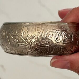 Silver Wide Bangle Bracelet With Elephants Scrollwork Florals 7 3/4”